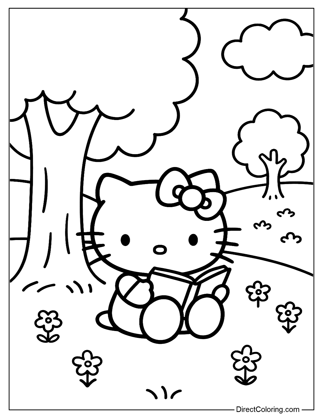 Hello Kitty Reading Book Under aTree Coloring Page